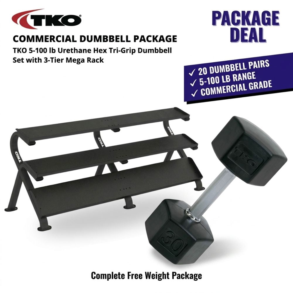TKO Rubber Hex Tri-Grip Handle Dumbbells 5lb-100lb with 3-Tier Shelf Rack S891-TXR-E20