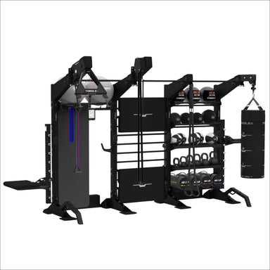 TORQUE Train Strength, Conditioning, and Combat in One Integrated Station including a punching bag, weight racks, and pull-up bars on a white background