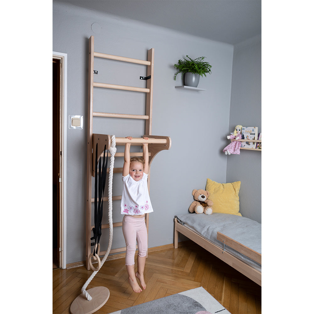 BenchK Wall Bar Package 111 + A204 with child holdiing onto the pull up bar