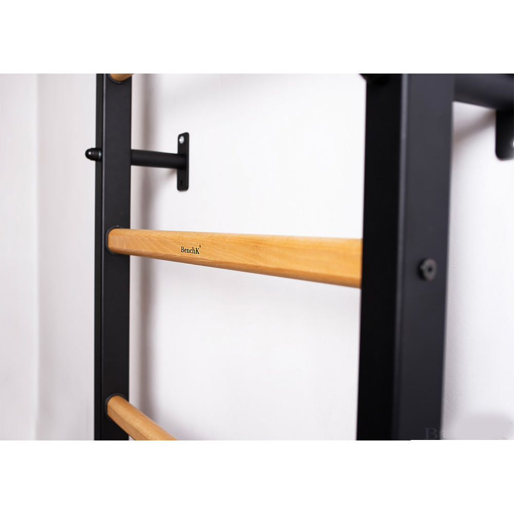 BenchK Wall Bar with Pull-Up Bar 221B + A076 black rails and wooden rungs