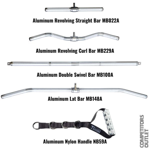 Labeled Body-Solid Aluminum Cable Attachments MB0A with product names and part numbers"