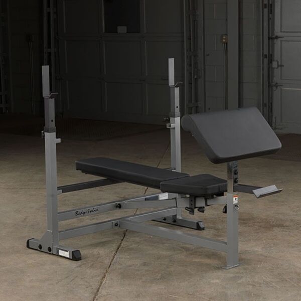 Body-Solid GDIB46L Power Center Rack Bench Combo Flat telescoping uprights that safely hold the bar for bench exercises and preacher curl extension