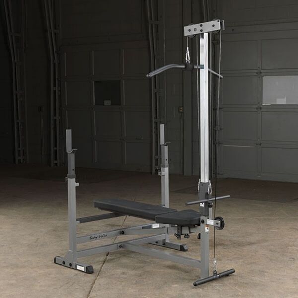 Body-Solid Lat Pull Low Row Attachment GLRA81 with Body-Solid power Center Rack bench pictured. 