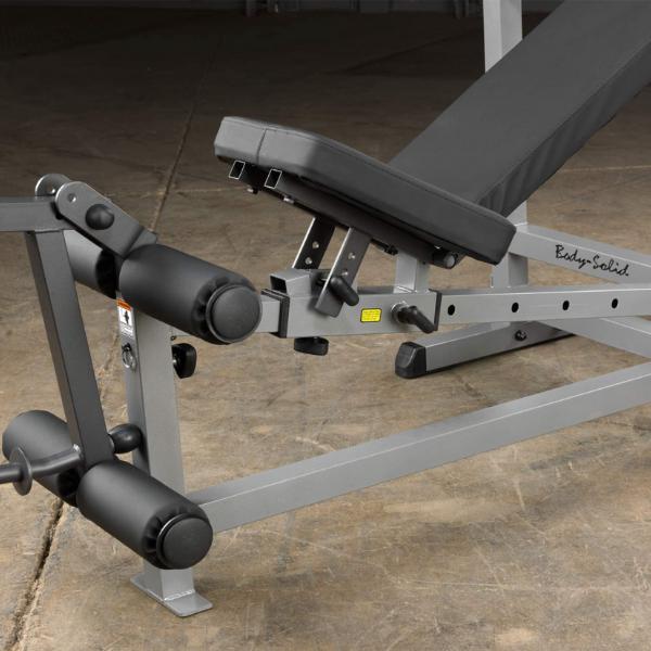 Body-Solid Olympic Bench with Leg Developer GDIB46L Offers 6-positions and features pop-pin adjustable DuraFirm seat and back pads that are extra-thick, comfortable and will never bottom out