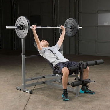 Body-Solid Powercenter Rack Bench Combo GDIB46L Multi-position, telescoping uprights safely hold the bar for bench exercises 