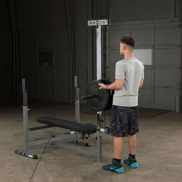 Body-Solid Powercenter Rack Bench Combo GDIB46L Optional the Lat Pulldown / Low Pulley Station (#GLRA81) for accelerated back and deltoid development. 