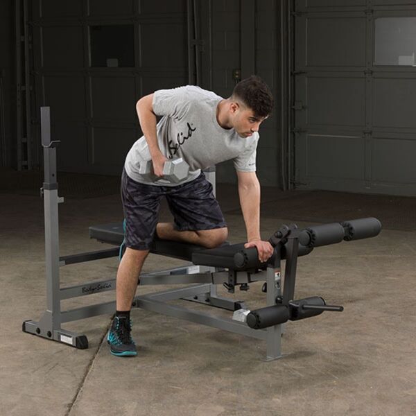 Body-Solid Powercenter Rack Bench Combo GDIB46L The rock-solid strength and stability of the PowerCenter Combo Bench comes from the extra-heavy 12-gauge all-4-side welded high tensile strength steel mainframe.