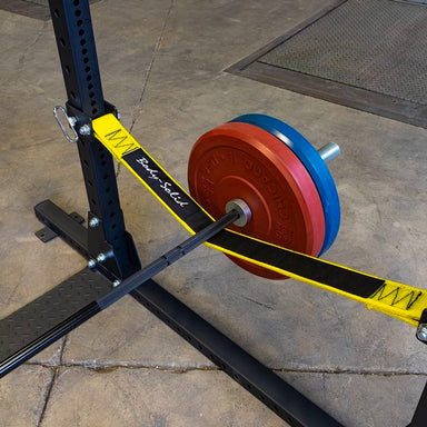 Body-Solid Power Rack Strap Safeties SPRSS with rack up close with barbell