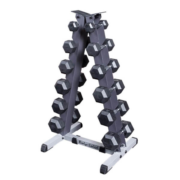 Body-Solid 2 Tier Vertical Dumbbell Rack GDR44 with hex dumbbells