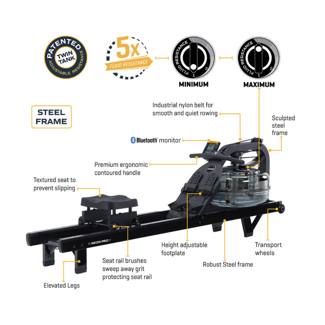 First Degree Fitness Neon Pro V AR Indoor Water Rower, Black Features