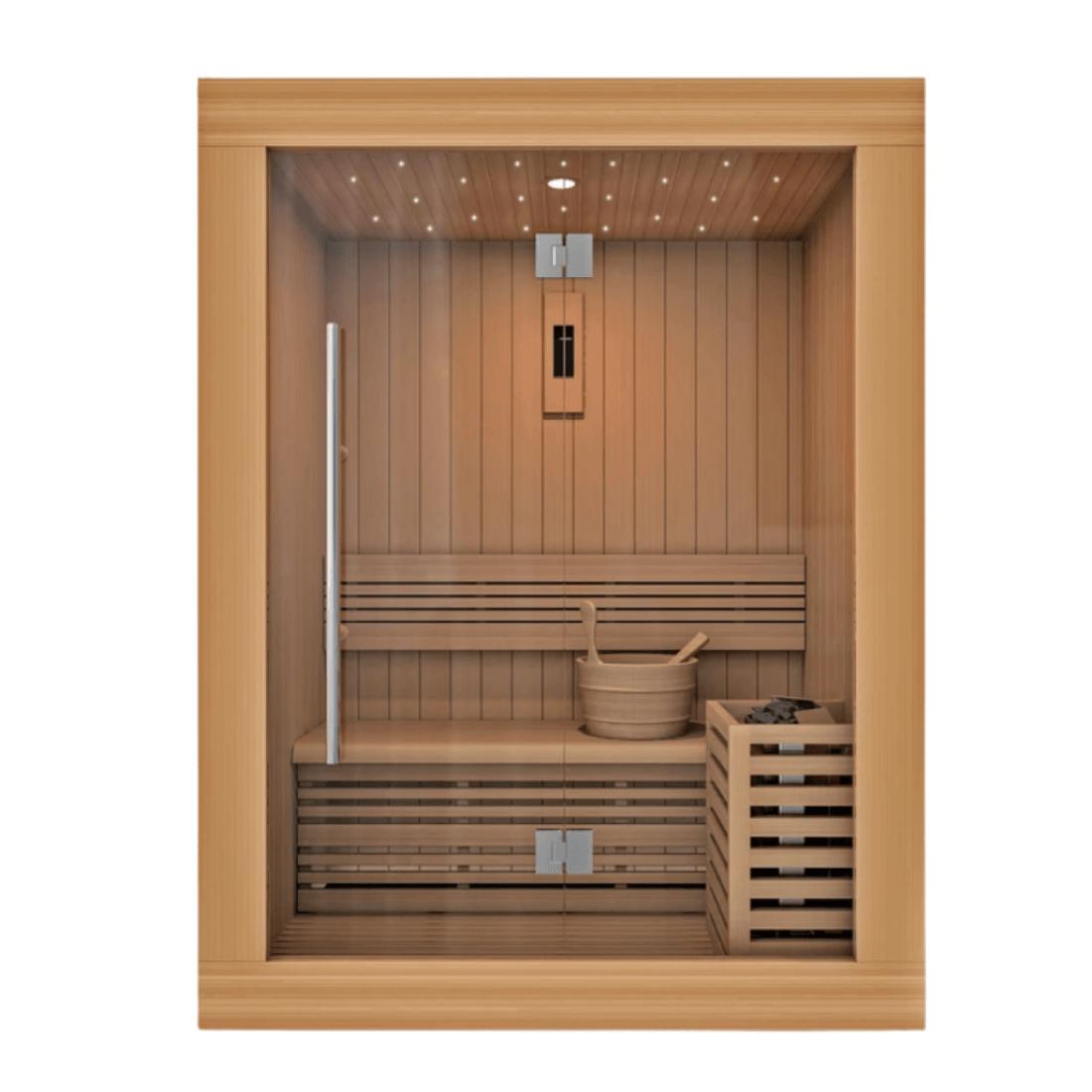 Golden Designs "Sundsvall Edition" 2-Person Traditional Steam Sauna - Canadian Red Cedar, GDI-7289-01 front view spacing.