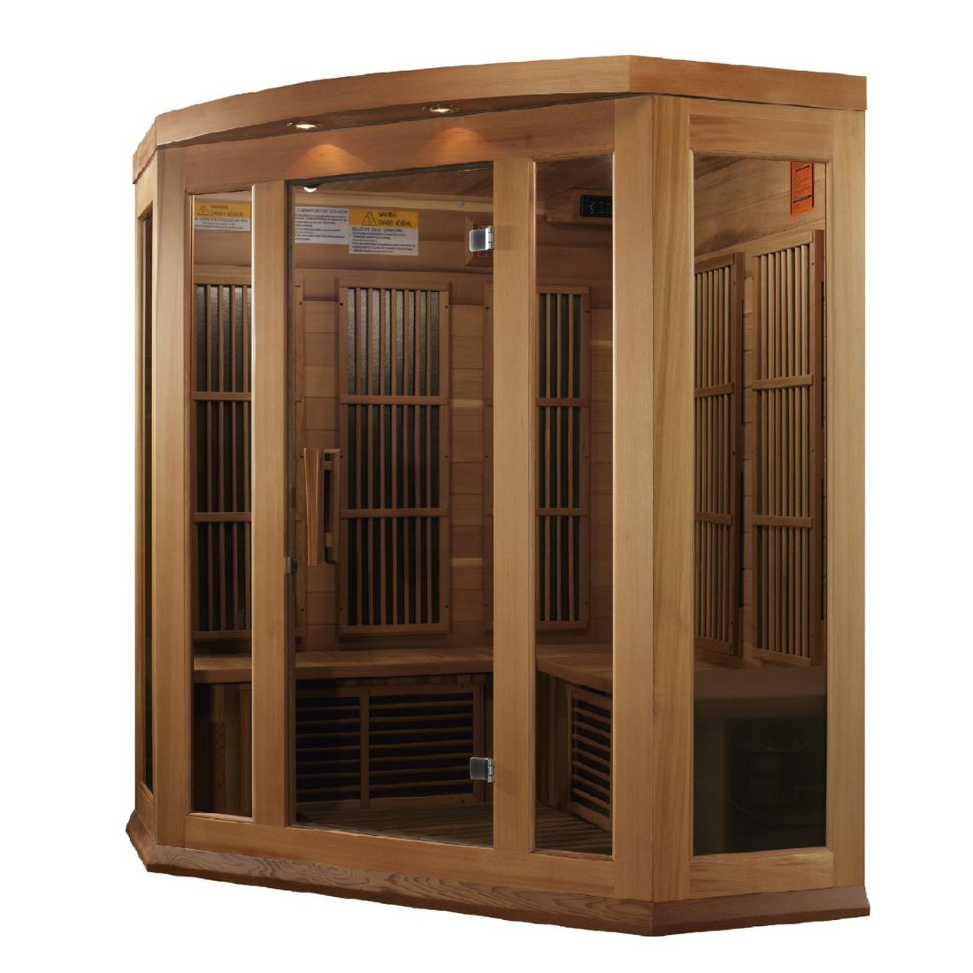 Maxxus 3 Person Corner Near Zero EMF FAR Infrared Sauna - Canadian Red Cedar, MX-K356-01 FS CED front angle view.