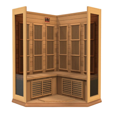 Maxxus 3 Person Corner Near Zero EMF FAR Infrared Sauna - Canadian Red Cedar, MX-K356-01 FS CED open construction.