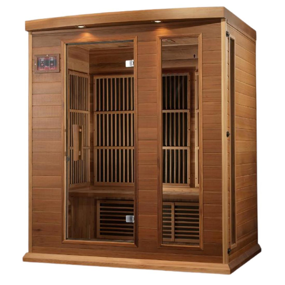 Maxxus 3 Person Full Spectrum Near Zero EMF FAR Infrared Carbon Canadian Red Cedar Sauna, MX-M306-01-FS CED front angle.