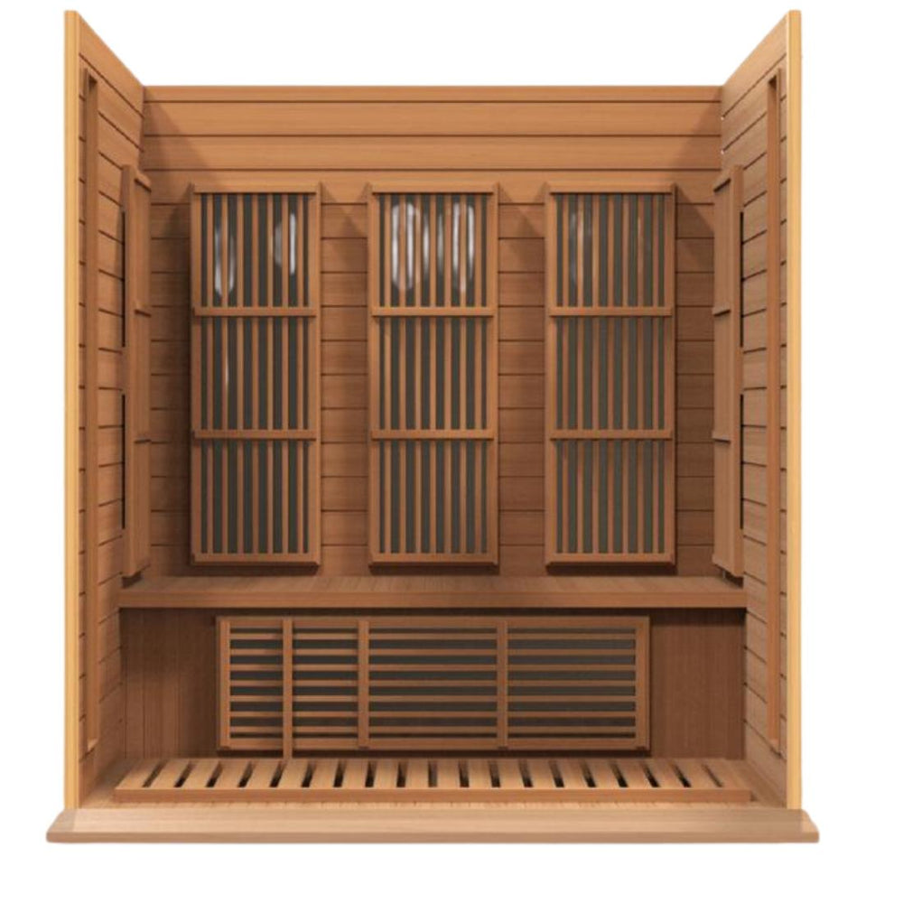 Maxxus 3 Person Full Spectrum Near Zero EMF FAR Infrared Carbon Canadian Red Cedar Sauna, MX-M306-01-FS CED full interior view.