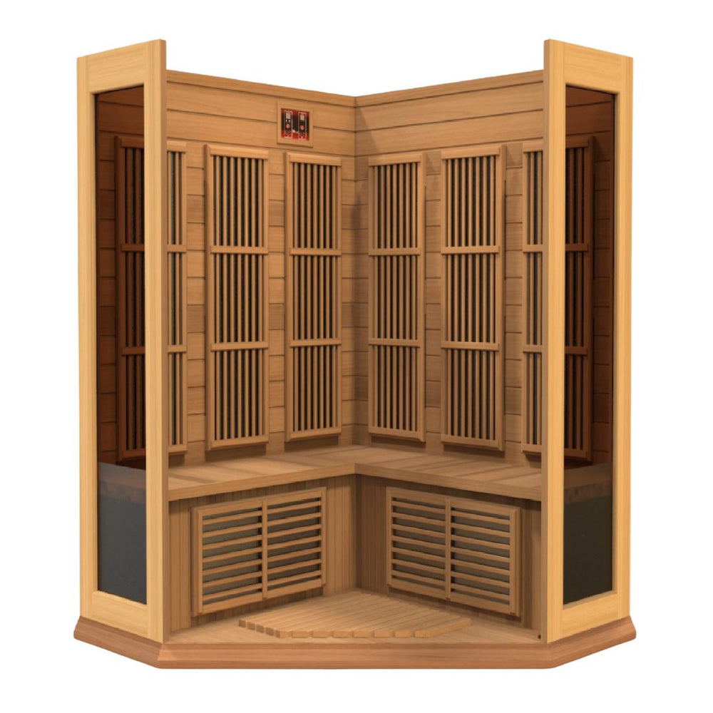 Maxxus "Avignon-Edition" 3 Person Corner Near Zero EMF FAR Infrared Sauna - Canadian Red Cedar, MX-K356-01-ZF CED open construction.