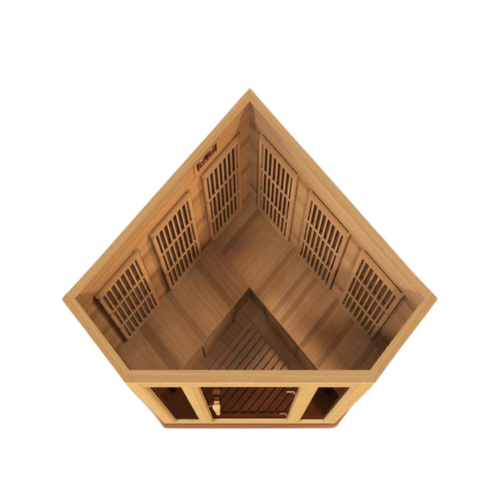 Maxxus "Avignon-Edition" 3 Person Corner Near Zero EMF FAR Infrared Sauna - Canadian Red Cedar, MX-K356-01-ZF CED top down angled view.