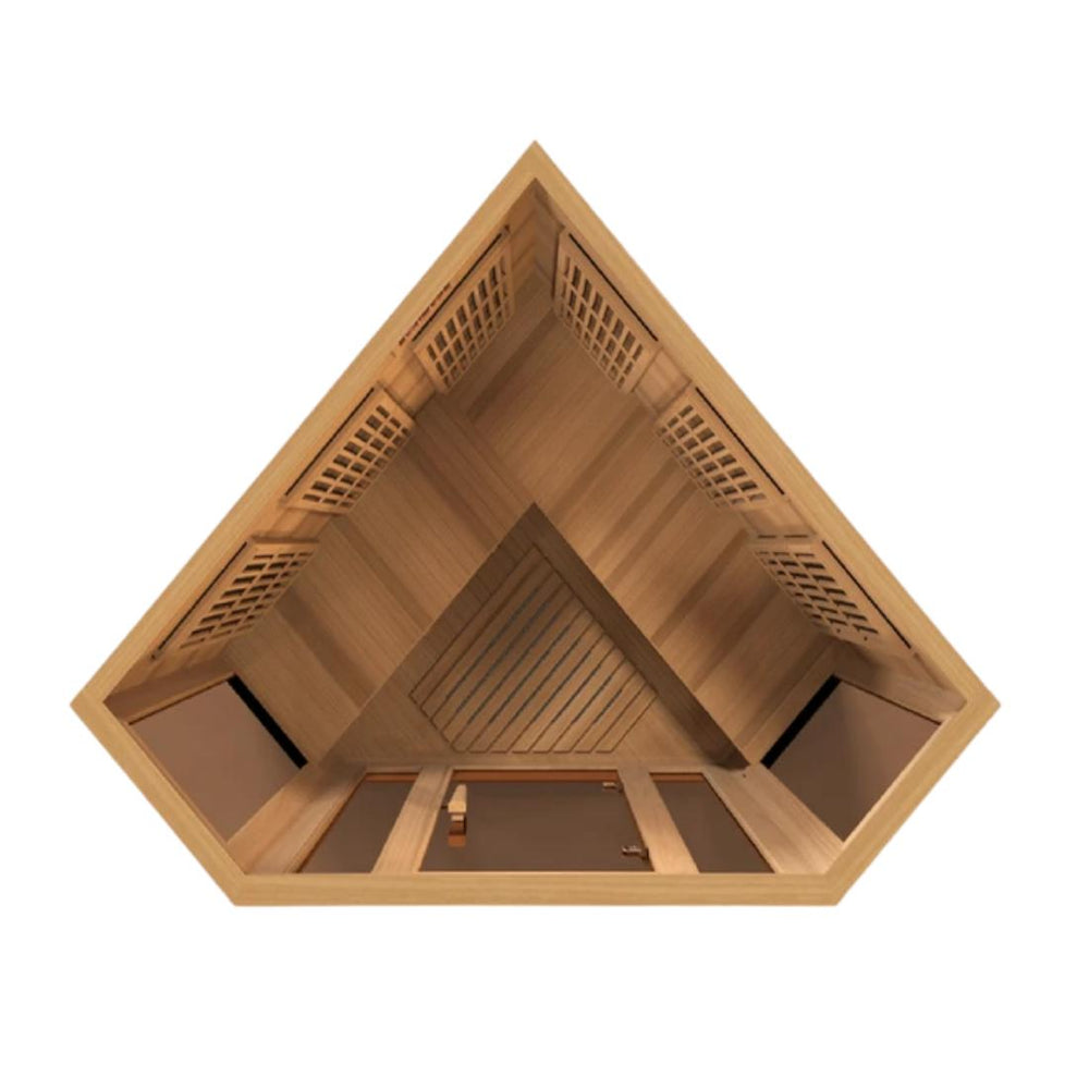 Maxxus "Avignon-Edition" 3 Person Corner Near Zero EMF FAR Infrared Sauna - Canadian Red Cedar, MX-K356-01-ZF CED top down view with open panel.