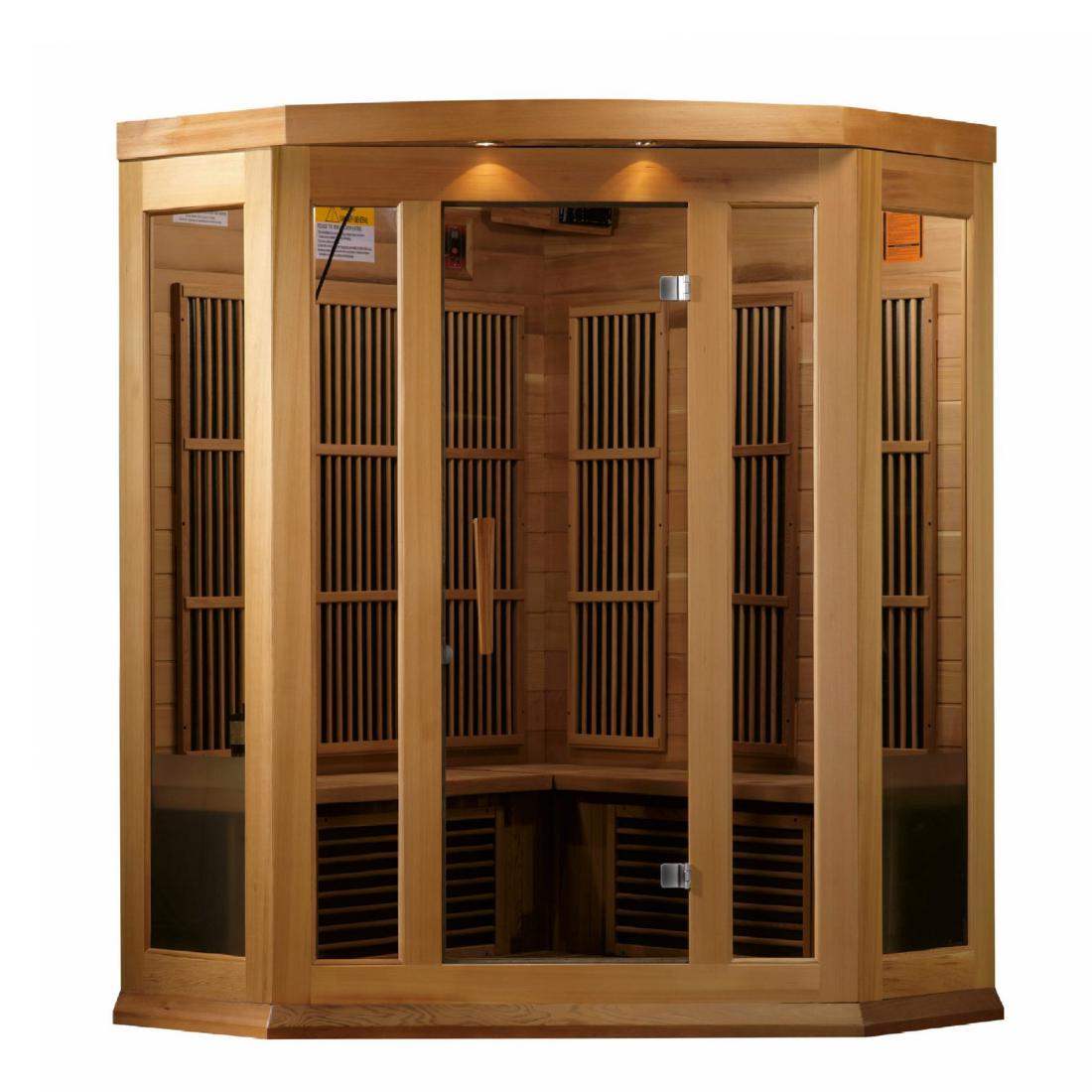 Maxxus "Avignon-Edition" 3 Person Corner Near Zero EMF FAR Infrared Sauna - Canadian Red Cedar, MX-K356-01-ZF CED front direct view.