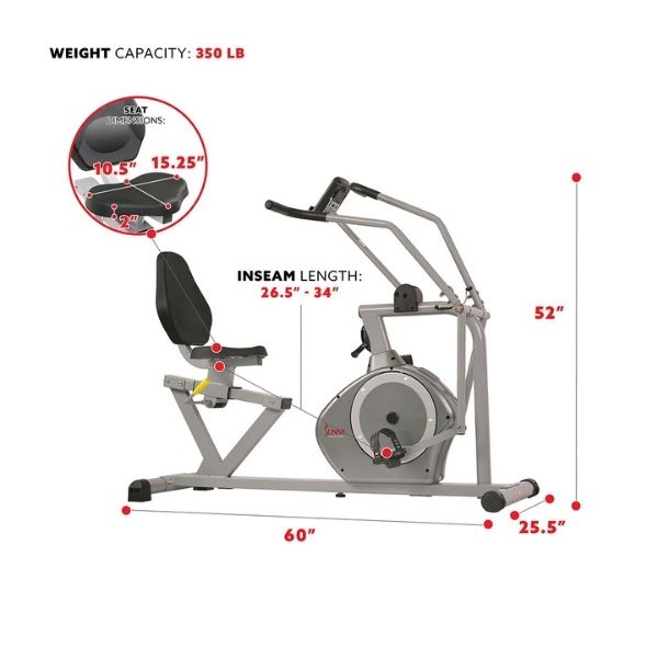 Arm Exerciser Magnetic Recumbent Bike W/ High 350 Lb Weight Capacity Dimensions