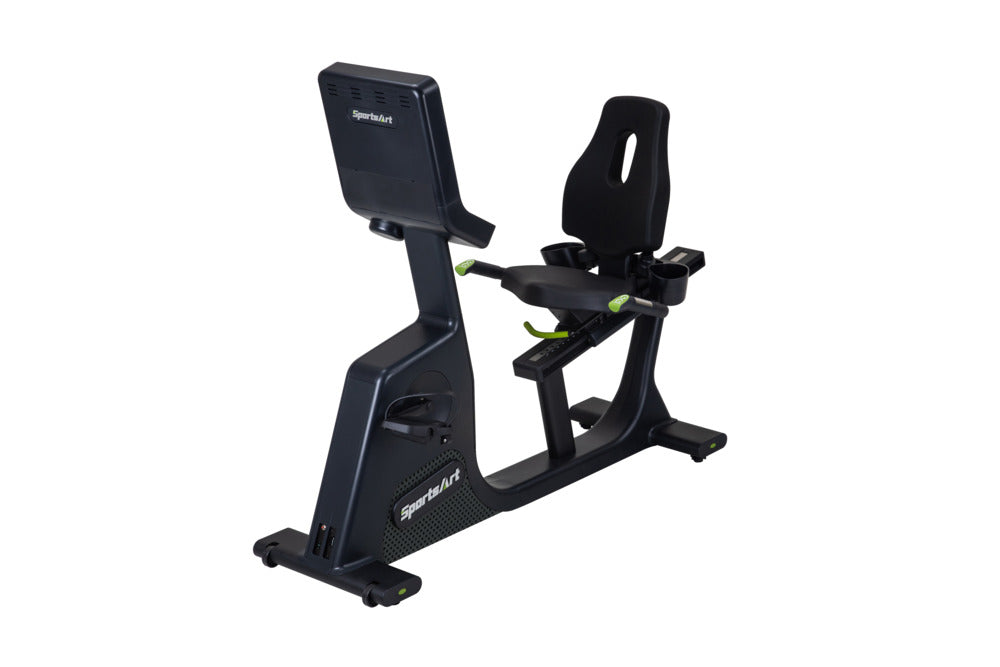 SportsArt-Elite-Eco-Natural-Recumbent-Cycle-C574R- front quarter view on a white background