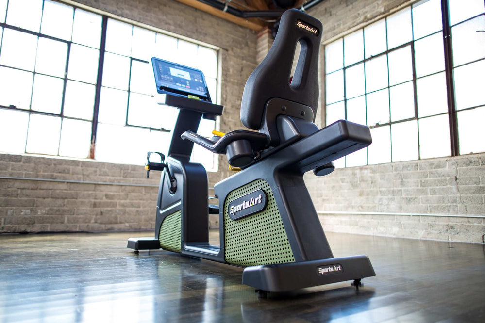 SportsArt Status Eco-Powr Recumbent Cycle G576R back side view inside home gym 