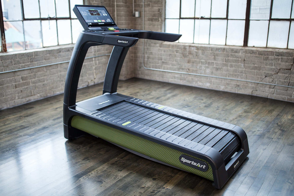 SportsArt Verde Status Eco-Powr Treadmill G690 back side angle view inside home gym 
