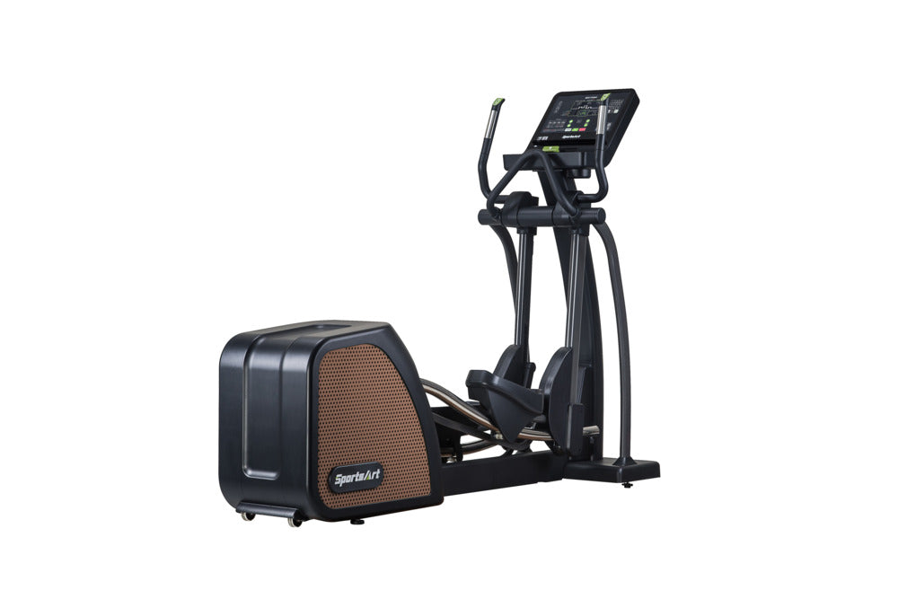 SportsArts Status Eco-Natural Elliptical E876 back end side view with console toward the right hand side. 