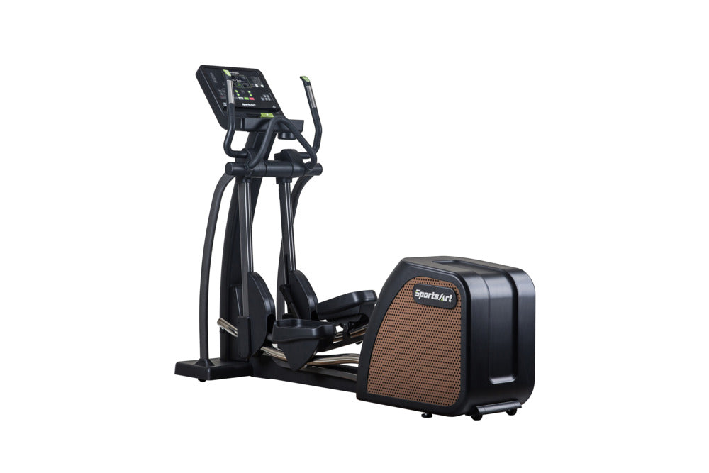 SportsArts Status Eco-Natural Elliptical E876 back side view with front end toward the left hand side 