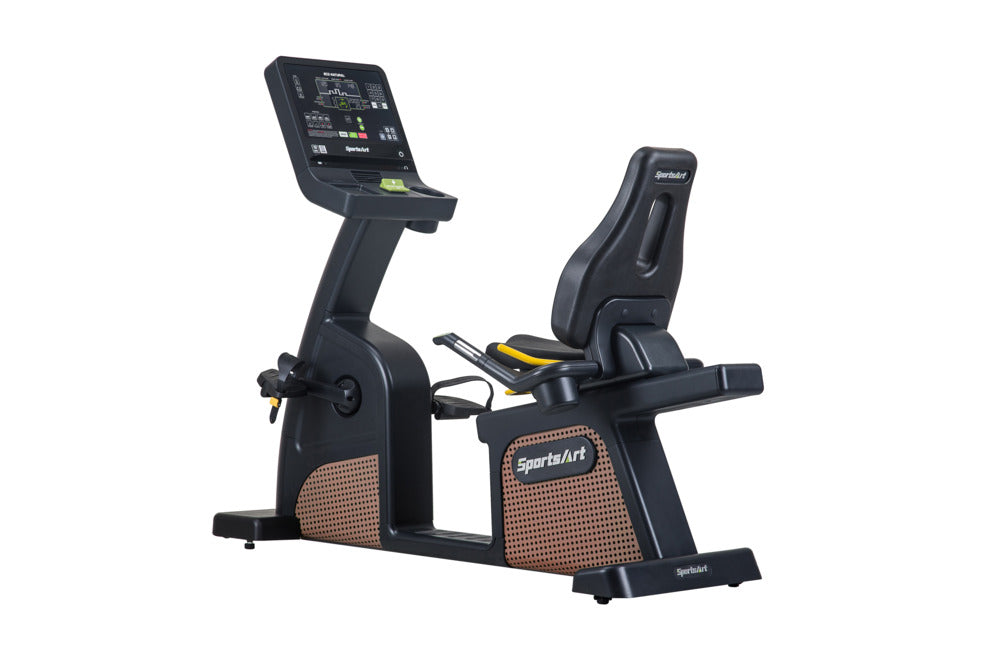 SportsArts Status Eco-Natural Recumbent Cycle C576R side angled view with console toward the left hand side 