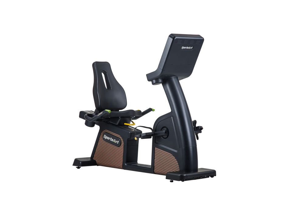 SportsArts Status Eco-Natural Recumbent Cycle C576R side view angled with console toward the right hand side 