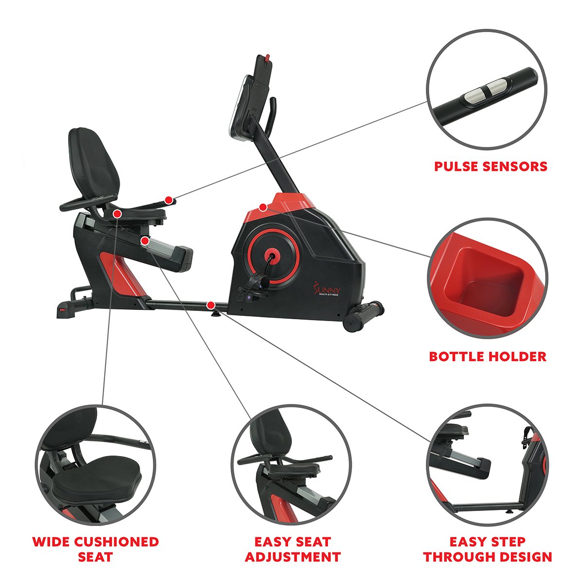 Sunny Health Fitness EVO FIT Recumbent Bike Electro-Magnetic Cardio Fitness User Adjustments