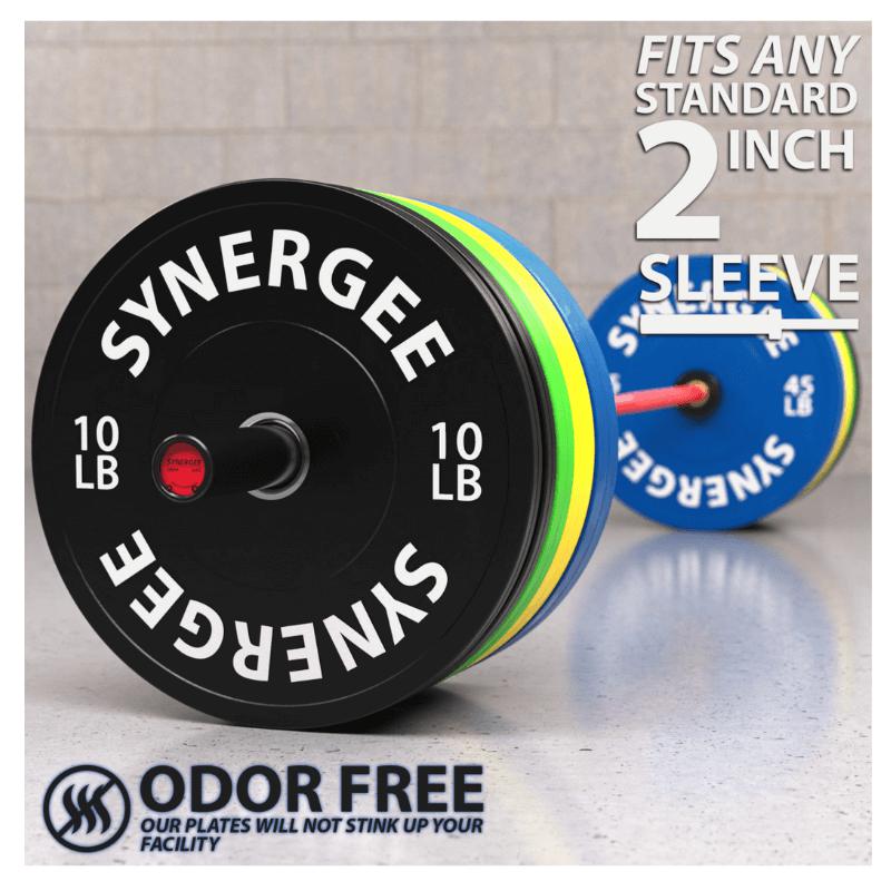 Synergee Color Bumper Plates 230 LB Sets on Barbell