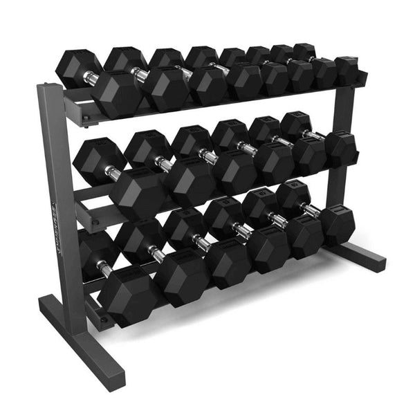 Synergee Rubber Hex Dumbbell 5 50 LBs Set with Rack