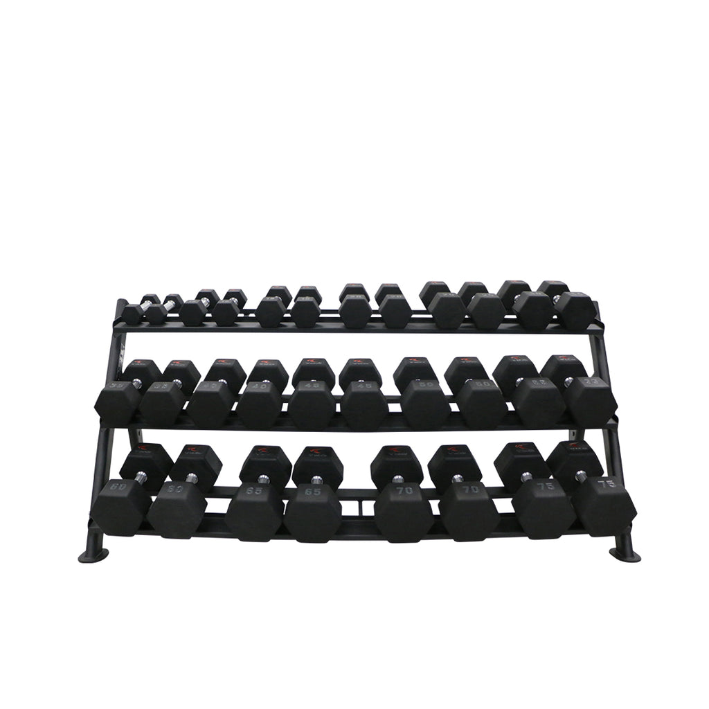 TKO 3-Tier Horizontal Dumbbell Rack 6250 with dumbbells