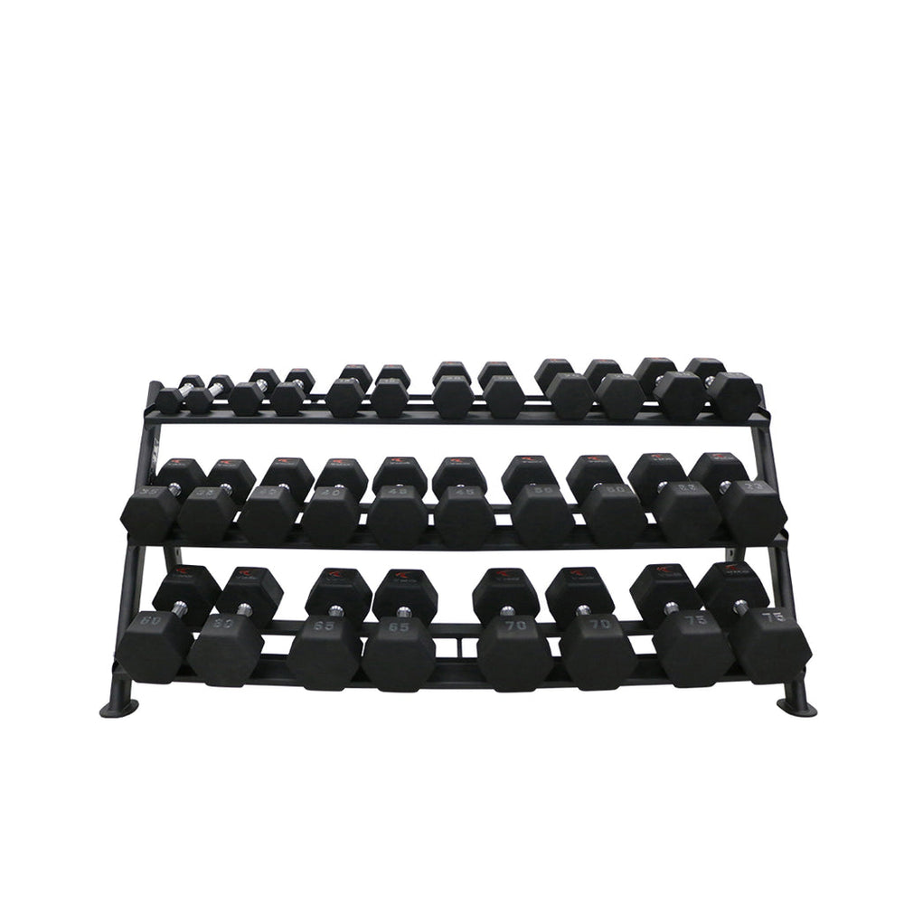 TKO 3-Tier Horizontal Dumbbell Rack 6250 with dumbbells